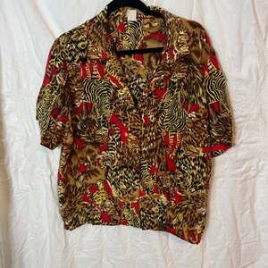 Vintage 80s Mixed Animal Print Silk Blouse Jungle Cat Lion Tiger Button Up